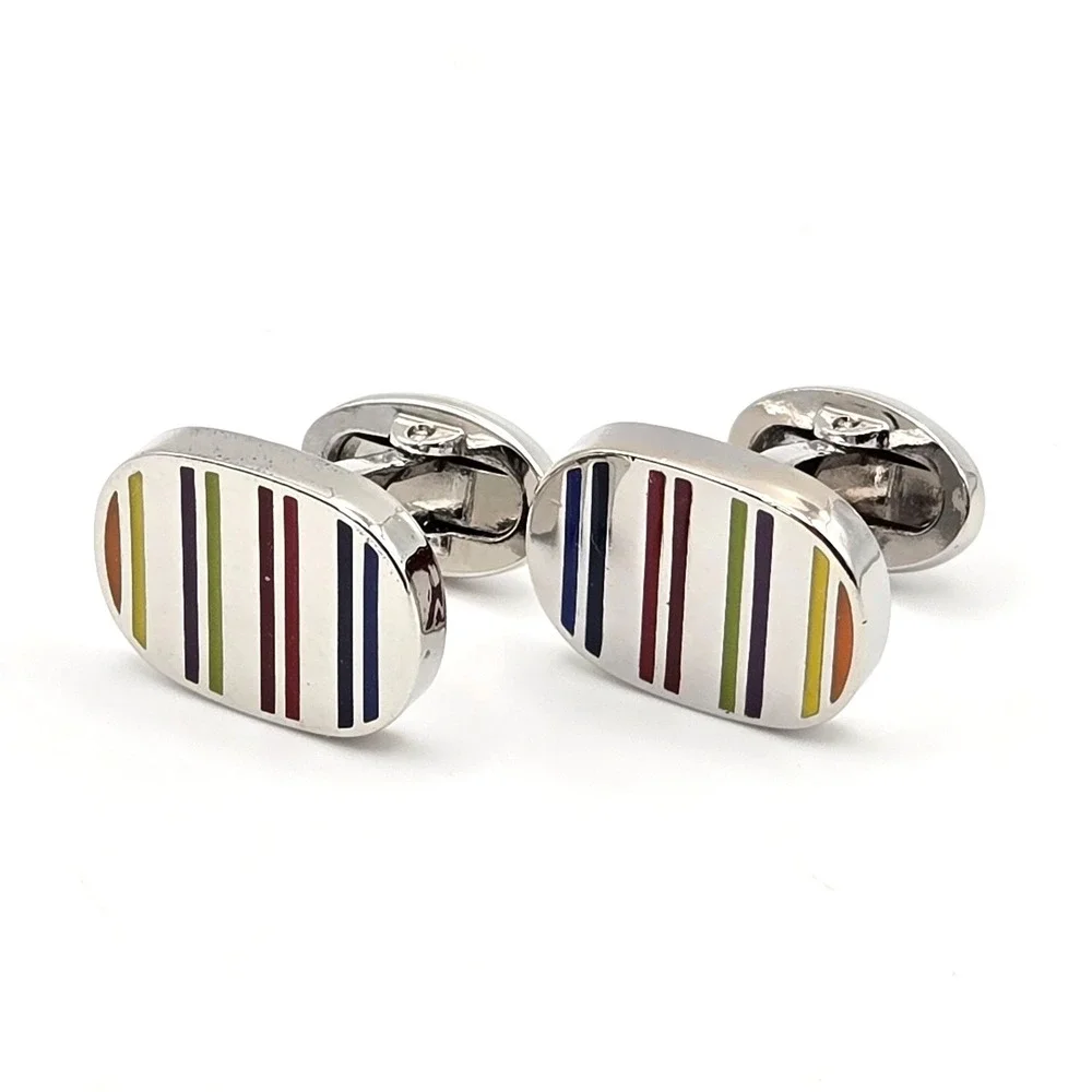 Mens‎ Silver Tone Multi Color Enamel Striped Oval Whale Back Modern Cufflinks